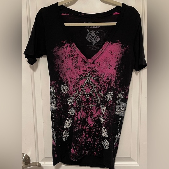 Archaic Gothic Skull V-Neck Graphic Tee Y2K Streetwear Women’s Tshirt Large - Picture 2 of 9